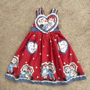 VTG Daisy Kingdom Raggedy Ann & Andy Hearts Child Girl Dress Size 4 USA Cotton